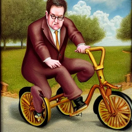 Prompt: Miles O'Brien on a tricycle, lowbrow painting by Mark Ryden