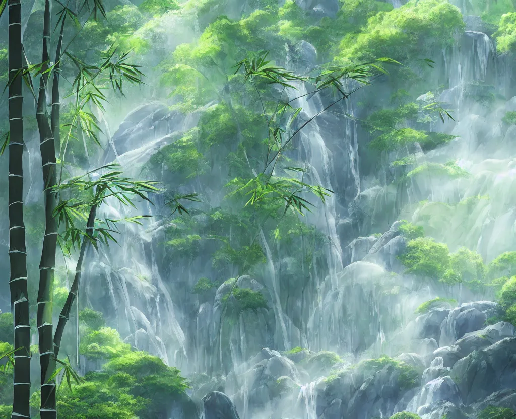 Image similar to misty japanese bamboo forest, cell shaded, huge waterfall, large rocky mountain, drawing, stylized anime, sun rays, soft, by hayao miyazaki, ghibli studio, makoto shinkai, toei animation, studio trigger, trending on artstation, 4 k, hd