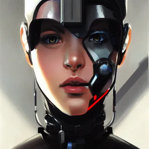 Image similar to A cyborg girl with big and cute red eyes, fine-face, realistic shaded perfect face, fine details. red and black robotic parts. Realistic shaded lighting poster by Ilya Kuvshinov katsuhiro, magali villeneuve, artgerm, Jeremy Lipkin and Michael Garmash, Rob Rey and Kentarõ Miura style, trending on art station