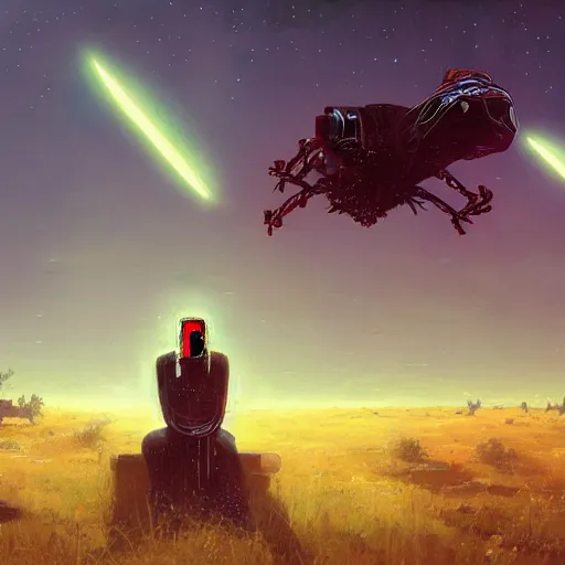 Image similar to a cyberpunk mursi elder sitting in a field watching a meteor shower with his hoverbike in the foreground by greg rutkowski and android jones in a cyberpunk style, oil on canvas, 8k, afrofuturism