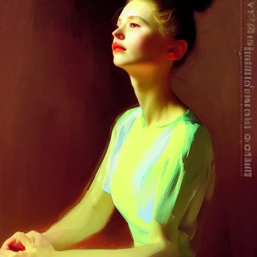 Image similar to yanjun cheng portrait of a beautiful princes, neon dress, by norman rockwell, bouguereau