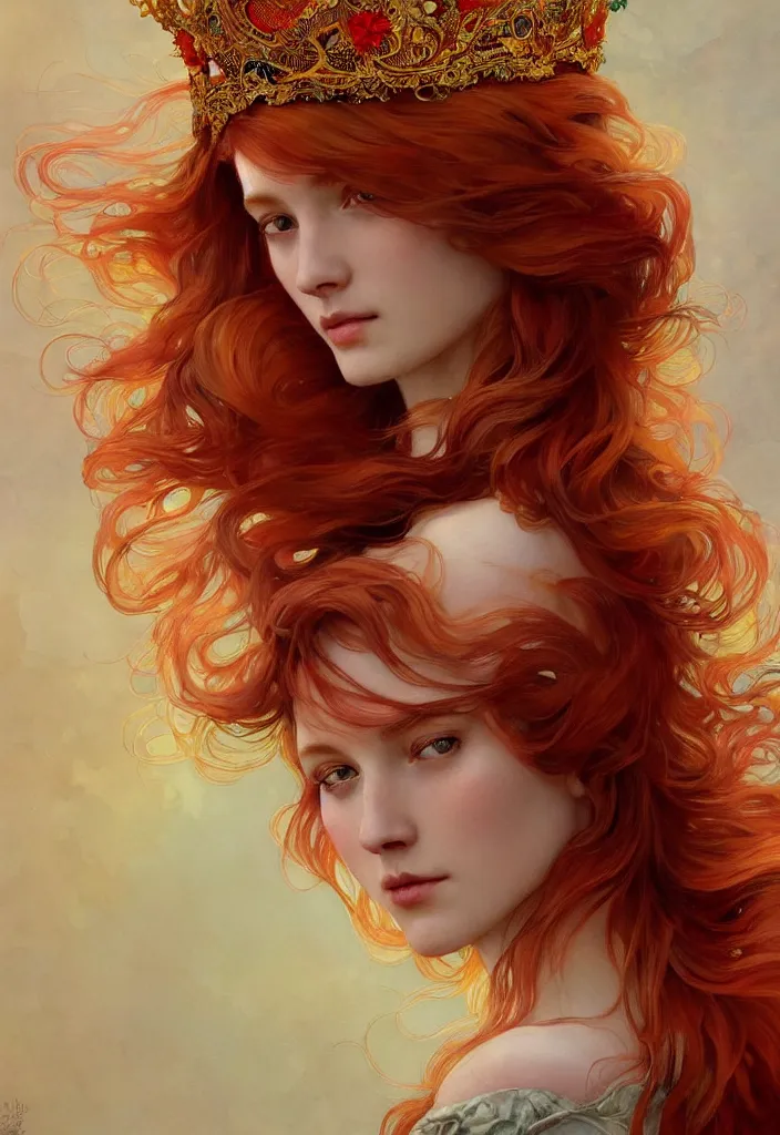 Prompt: beautiful watercolor painting of a young red hair woman wearing a crown of long golden fish, intricate, elegant, highly detailed, digital painting, artstation, concept art, smooth, sharp focus, art by krenz cushart and artem demura and alphonse mucha, dynamic lighting, full body shot, ultrarealistic, cinematic, octane render, 8 k