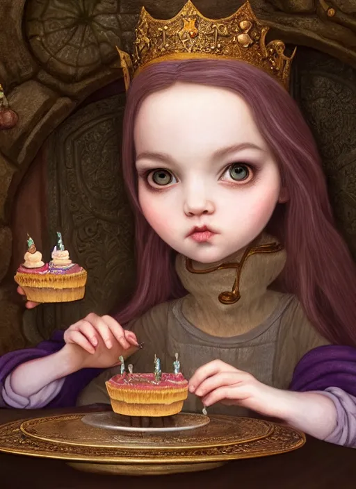 Image similar to highly detailed closeup portrait of a fairytale medieval princess eating cakes, unreal engine, nicoletta ceccoli, mark ryden, lostfish, earl norem, global illumination, god rays, detailed and intricate environment