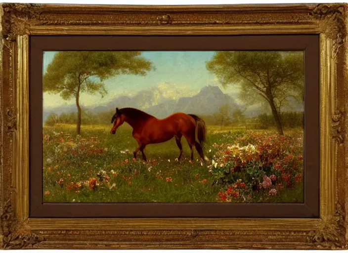 Prompt: a painting of a horse in the middle of a field of flowers by Albert Bierstadt