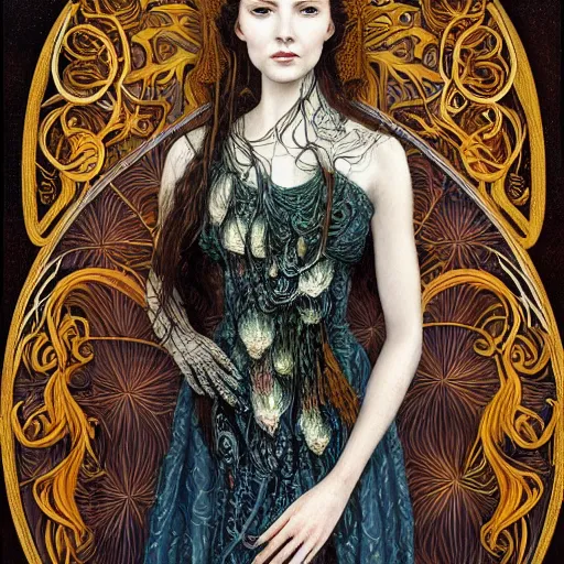 Prompt: facial portrait of a young pretty woman in flowing dress, arrogant, mysterious, long fine flowing hair, delicate, looking at camera, slightly awkward smile, realistic face, hands behind back, intricate, stylish, elegant, grimdark fantasy, flowers, art nouveau, extremely detailed painting inspired by Gerald Brom and Ernst Haeckel and Greg Rutkowski