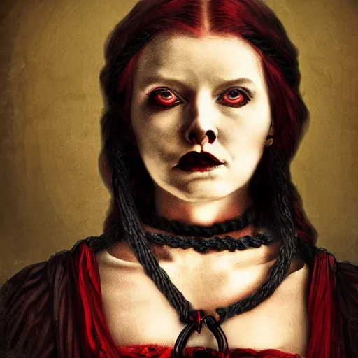 Image similar to dark portrait, death ultra red head woman in medieval dress, strangled with rope, bluish face, victorian style, high detail