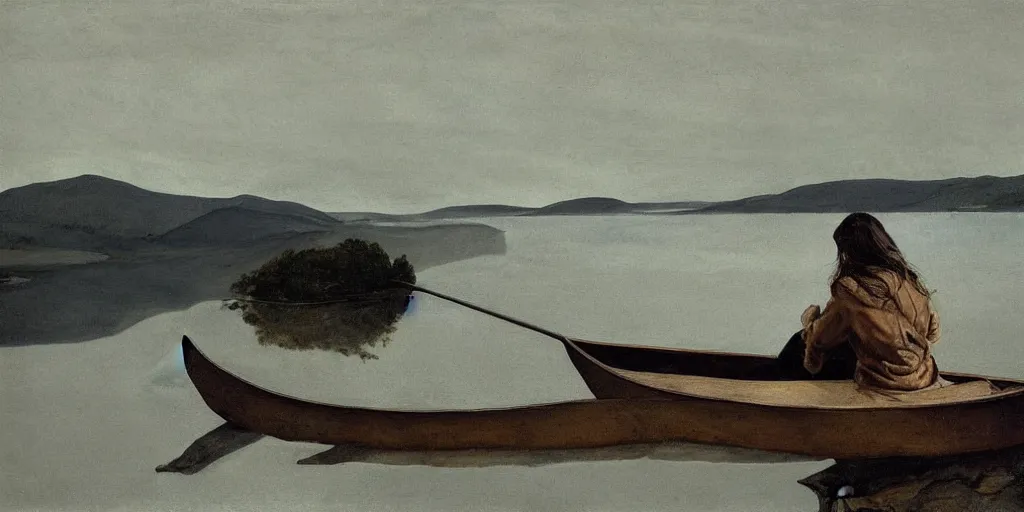 Image similar to “ a girl sitting in canoe on the hudson river drinking beer, mountains in fog background, by andrew wyeth ”