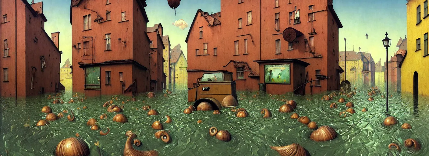 Image similar to flooded! old wooden! empty cursed snail city street, very coherent and colorful high contrast masterpiece by gediminas pranckevicius rene magritte norman rockwell franz sedlacek, full - length view, dark shadows, sunny day, hard lighting, reference sheet white background