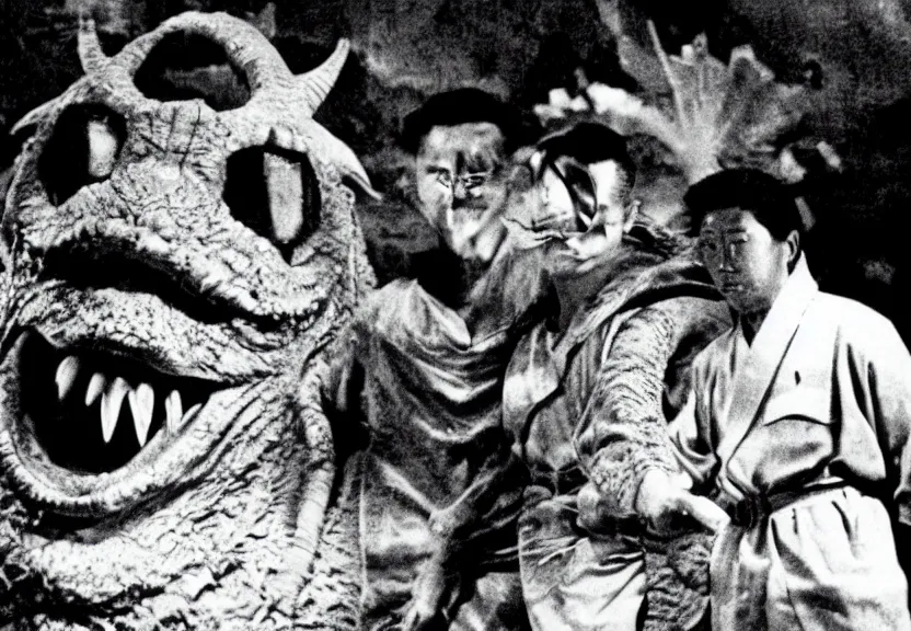 Image similar to a filmstill of pulgasari, kaiju starfish, monster movie, korean film noir, 1 9 5 0 s thriller, kim jong - il, in the style of rashomon and godzilla