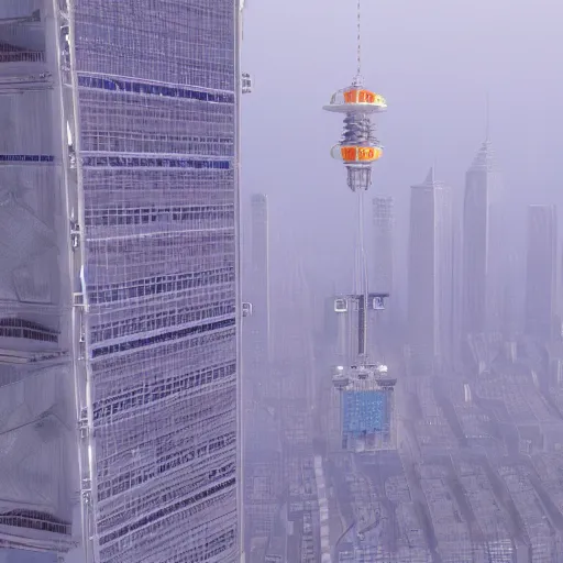 Image similar to a space elevator rising from the center of a misty metropolis, highly detailed, 8k, sharp focus