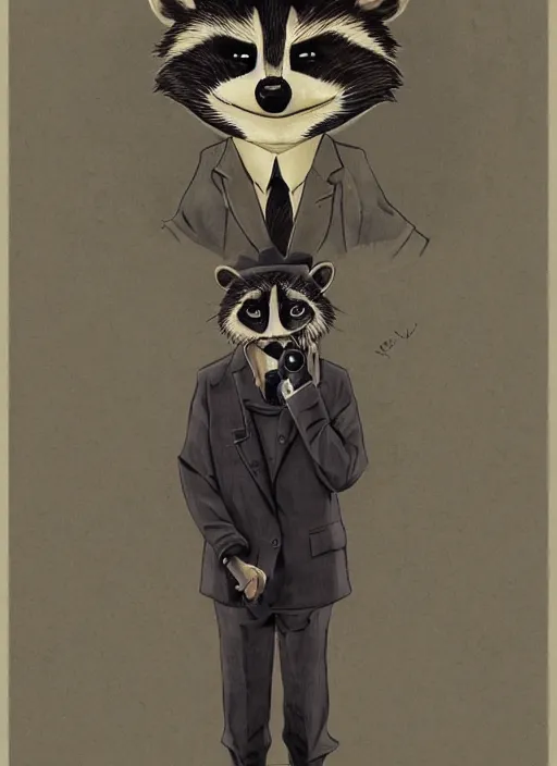 Image similar to a dramatic illustration portrait of an anthropomorphic raccoon mob boss, by victo ngai, by stephen gammell, by george ault, in the style of animal crossing, artstation