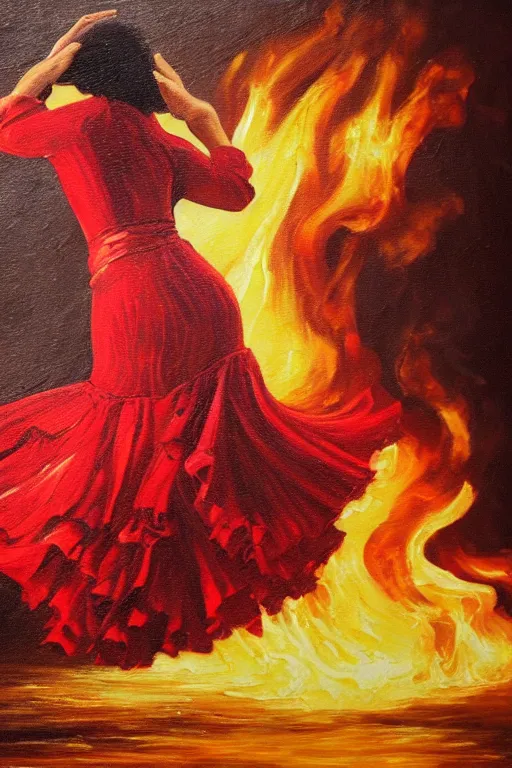 Prompt: detailed oil painting of spanish flamenco dancer wearing a red dress engulfed in flames, walking waist deep in clear water, midnight, moon, dimly lit, looking away, dark shadows, ethereal, foggy, moody, photo realistic, high definition, 4 k, slr