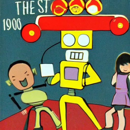 Prompt: in the style of 1960s, scary robot chasing kids