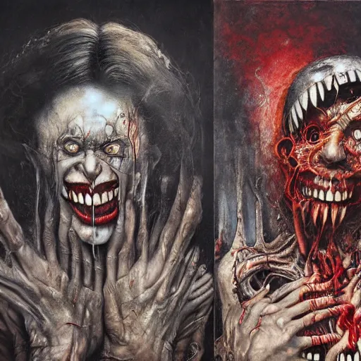 Image similar to grinning faces of evil tearing through reality, hyperdetailed oil painting by annie leibowitz and stephen gammell, inspired by giger and beksinski, alberto seveso