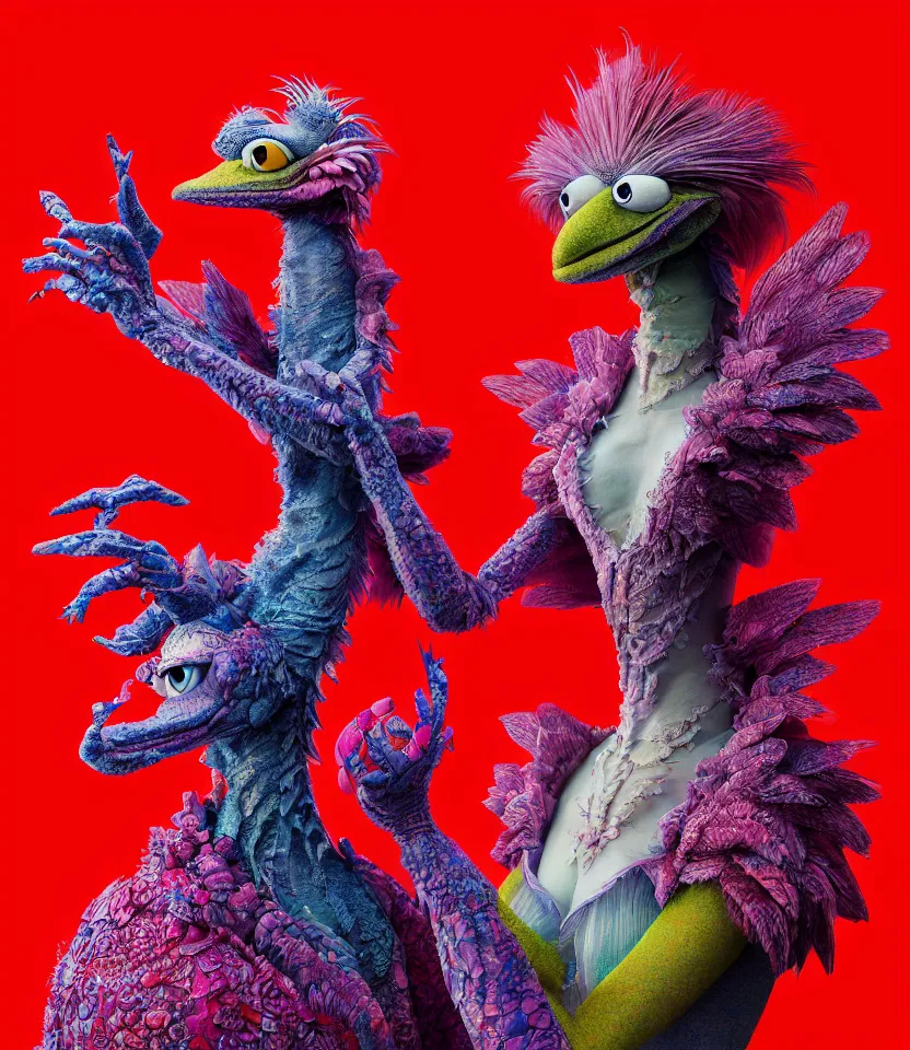 Prompt: hyper detailed 3d render like a Oil painting - kawaii portrait of two Aurora (a beautiful girl skeksis muppet fae princess protective playful expressive acrobatic from dark crystal that looks like Anya Taylor-Joy) seen red carpet photoshoot in UVIVF posing in scaly dress to Eat of the Strangling network of yellowcake aerochrome and milky Fruit and His delicate Hands hold of gossamer polyp blossoms bring iridescent fungal flowers whose spores black the foolish stars by Jacek Yerka, Ilya Kuvshinov, Mariusz Lewandowski, Houdini algorithmic generative render, golen ratio, Abstract brush strokes, Masterpiece, Edward Hopper and James Gilleard, Zdzislaw Beksinski, Mark Ryden, Wolfgang Lettl, hints of Yayoi Kasuma and Dr. Seuss, Grant Wood, octane render, 8k