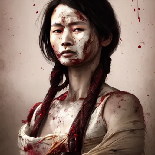 Image similar to portrait painting of a bloodied nepali female butcher, ultra realistic, concept art, intricate details, eerie, highly detailed, photorealistic, octane render, 8 k, unreal engine. art by artgerm and greg rutkowski and alphonse mucha