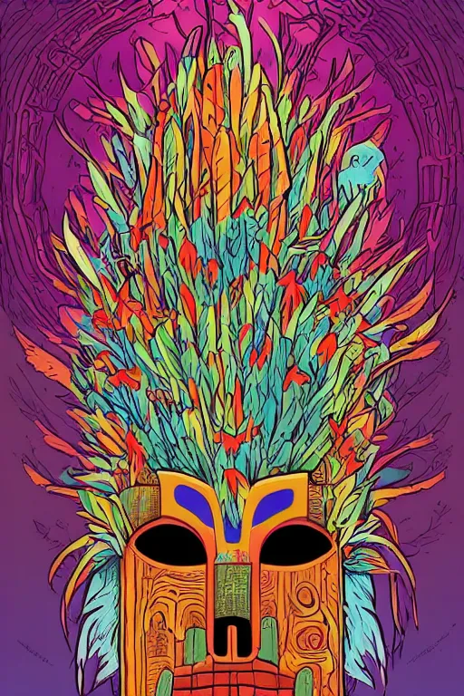 Image similar to animal mask totem roots flower tribal feather gemstone plant wood rock shaman vodoo video game vector cutout illustration vivid multicolor borderlands comics by josan gonzales and dan mumford radiating a glowing aura