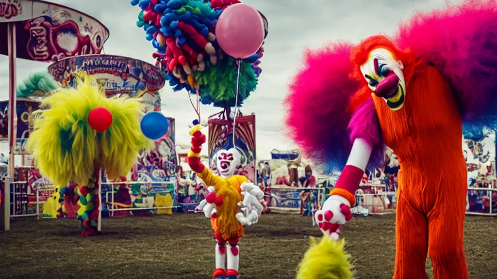 Image similar to the clown monster at the fair, they tie a balloon animal, film still from the movie directed by denis villeneuve and david cronenberg with art direction by salvador dali and dr. seuss