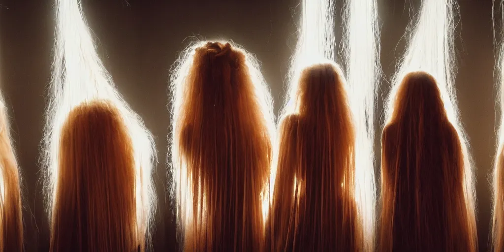 Prompt: love, groups of translucent people with long glowing hair, from behind, rebirth, wide angle, cinematic atmosphere, elaborate, highly detailed, dramatic lighting