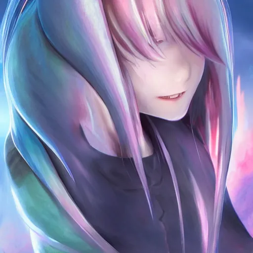 Image similar to rimuru tempest, tensei shitara slime datta ken, highly detailed, professional digital painting, concept art, sharp focus, smooth, unreal engine 5, photorealism, hd quality, 8 k, black hoodie, cinematic, art by deviantart, artgerm, yoshitaka amano, wataru kajika, junji ito