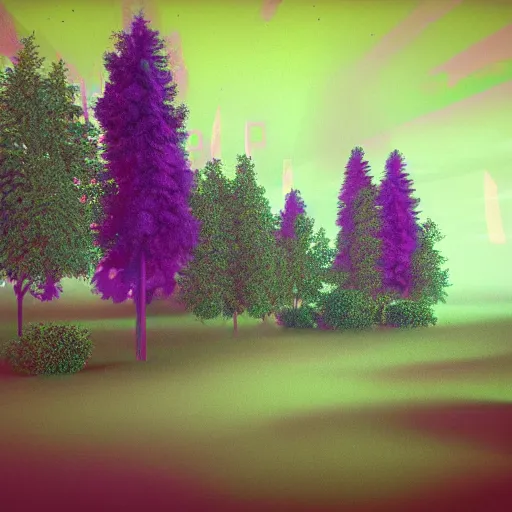 Image similar to 80s vaporwave outrun 3d Render of a forest, liminal space retro, grainy, noisy