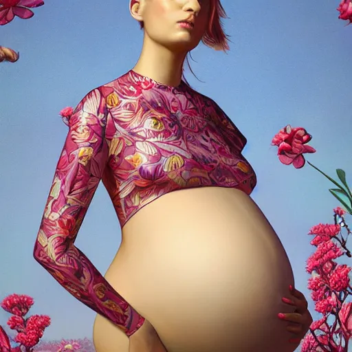 Image similar to pretty pregnant model with flowers : : by martine johanna and simon stalenhag and chie yoshii and casey weldon and wlop : : ornate, dynamic, particulate, rich colors, intricate, elegant, highly detailed, vogue, harper's bazaar art, fashion magazine, smooth, sharp focus, 8 k, octane render