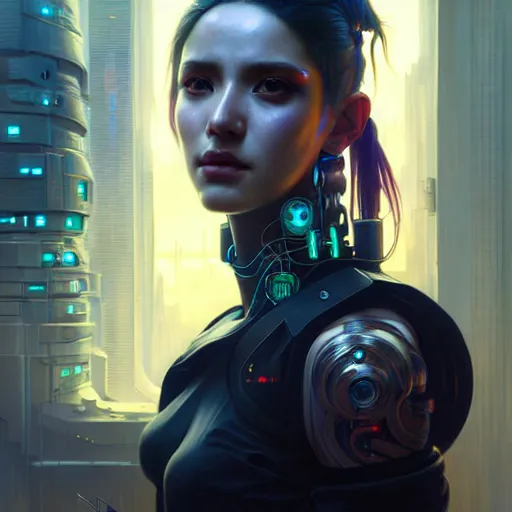 Image similar to portrait painting of a cyberpunk sunmi, ultra realistic, concept art, intricate details, eerie, highly detailed, photorealistic, octane render, 8 k, unreal engine. art by artgerm and greg rutkowski and magali villeneuve and alphonse mucha