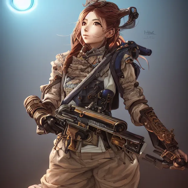 Image similar to the portrait of lawful neutral semi - colorful female infantry gunner as absurdly beautiful, gorgeous, elegant, young anime girl, an ultrafine hyperdetailed illustration by kim jung gi, irakli nadar, intricate linework, bright colors, octopath traveler, final fantasy, unreal engine 5 highly rendered, global illumination, radiant light, detailed and intricate environment