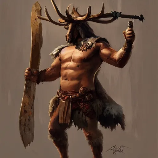 Image similar to barbarian with moose head and wooden leg by greg rutkowski