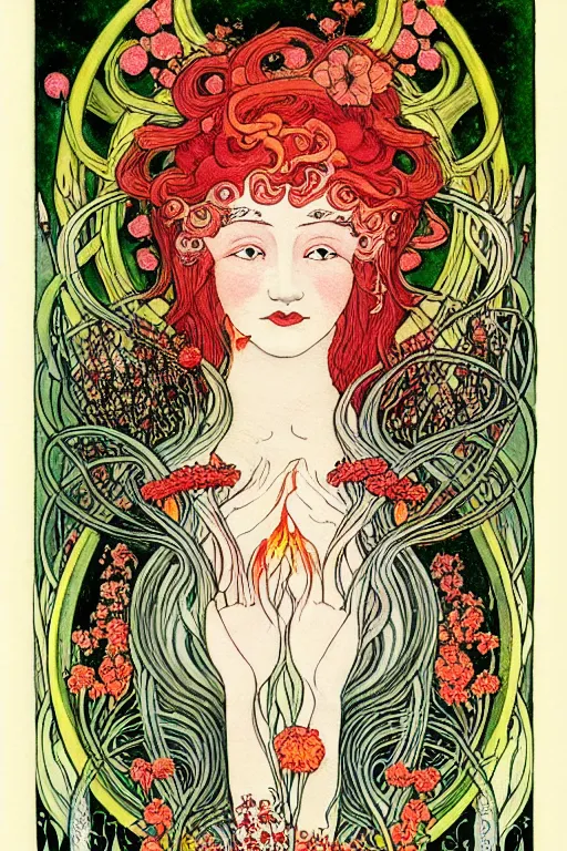 Prompt: realistic face of nature goddess with red hair with flowers and flames growing around, flower frame, imbolc, st brigid, spring, detailed art by kay nielsen and walter crane, illustration style, watercolor