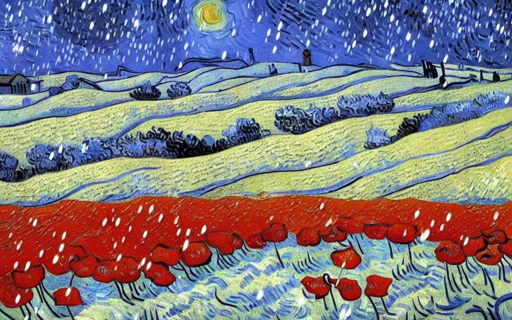 Prompt: detailed expressionist oil painting by van gogh of a snowy field in winter, falling snow on a field with scattered red poppies, winter landscape painting, silent snowfall, expressionism, 8 k resolution, smooth, sharp focus, matte painting