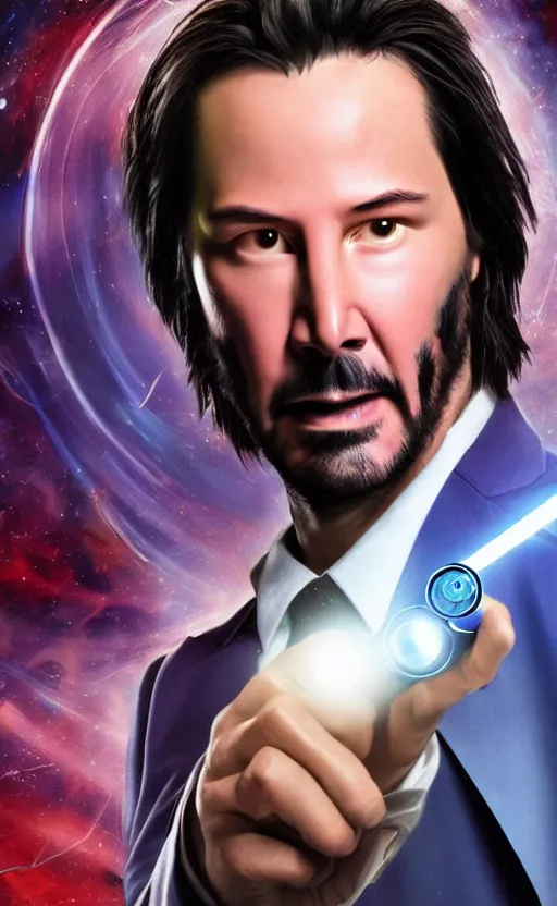 Image similar to portrait of Keanu reeves as 10th Doctor Who in the TARDIS with sonic screwdriver, Photo, High details, 8k, DSLR, long shot