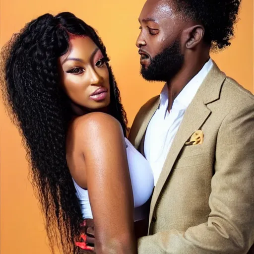 Image similar to realistic, east african man with curly hair next to megan thee stallion, seductive, romantic, dreamy tones, realistic, full body, love, sharp focus, editorial