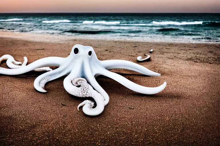Prompt: photography of a gigantic white octopus walking at the shore of the beach, outside the water, national geographic, evening, award winner, nature