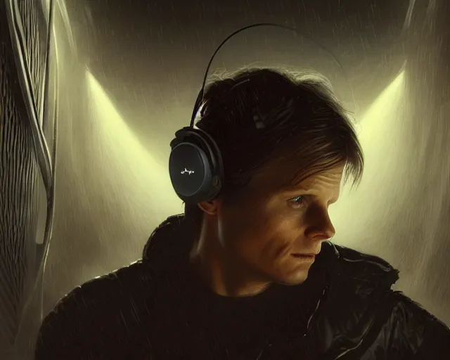 Prompt: a epic cinematic shot of marty mcfly listening to music with headphones on in a dark liminal technology space room, gritty tech, deep focus, fantasy, intricate, elegant, highly detailed, digital painting, artstation, concept art, matte, sharp focus, illustration, dark fantasy style art, resident evil, art by artgerm and greg rutkowski and alphonse mucha