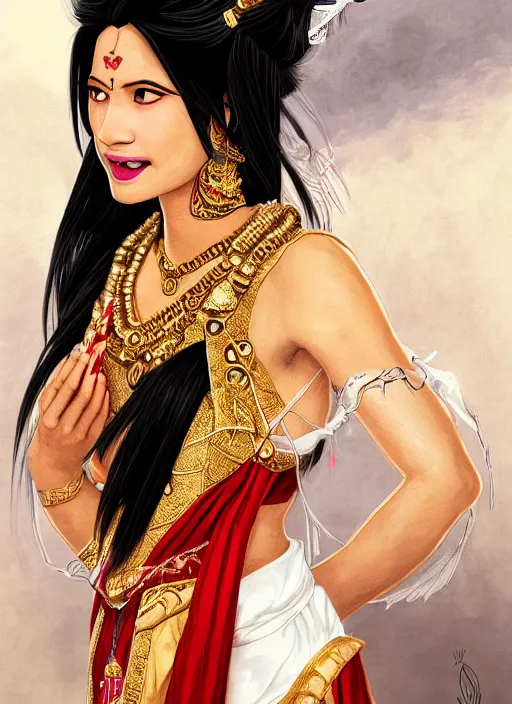 Prompt: portrait of a nepalese female sorceress, looking at camera, D&D, white dress with gold adornments, medium black hair with a red tint, intricate, elegant, stylish, cute smile, fantasy, extremely detailed, digital painting, artstation, concept art, smooth, sharp focus, illustration, ambient lighting, incredible artwork by gerald brom + bruce pennington + keith parkinson + tom white