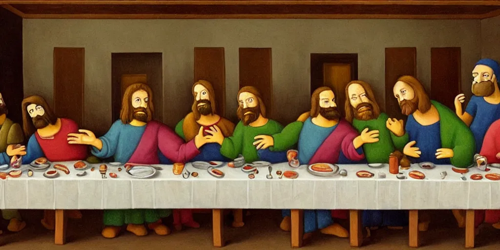 Image similar to last supper styled as simpsons, art, trending in artsation, winning award painting, oleo style,