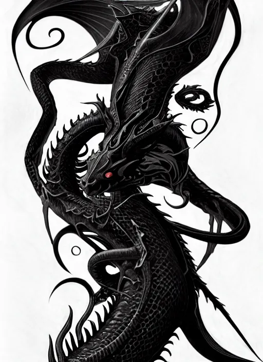 Image similar to an art nouveau, black dragon portrait in the style of charlie bowater, and in the style of donato giancola, and in the style of charles dulac. very large, clear, expressive, intelligent eyes. symmetrical, centered, ultrasharp focus, dramatic lighting, photorealistic digital painting, intricate ultra detailed background.