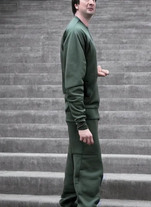 Image similar to Mark Corrigan wearing a Rick Owens tracksuit