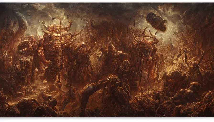 Prompt: robocop fighting demons in hell by agostino arrivabene