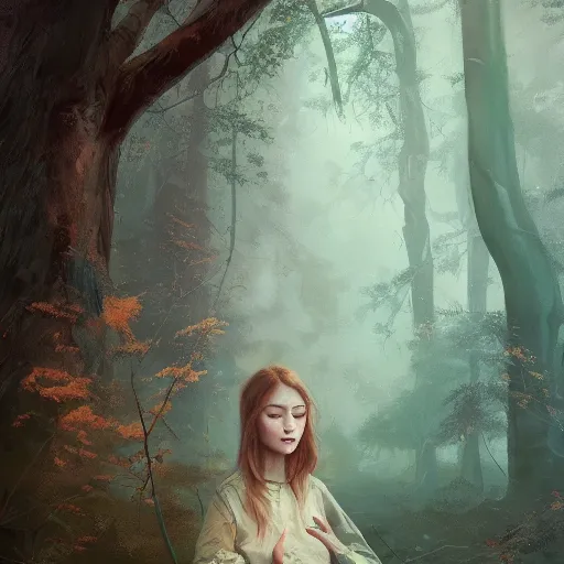 Prompt: artist james jean and sam spratt beautiful illustration of a natural women in a serene forest, high detail, artstation, natural colors, peaceful expression,