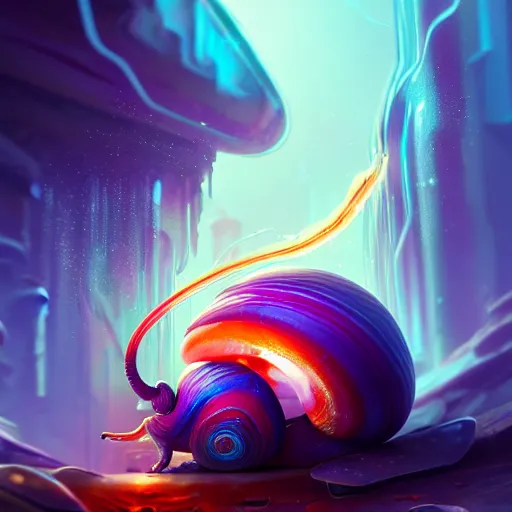 Image similar to beautiful colorful snail, magic of fire and magic of ice. occult cyberpunk, ancient futuristic, dark art, occult. by Petros Afshar, by artgerm, by Eddie Mendoza, by Peter mohrbacher, octane render, 3d, unreal engine, depth of field, bokeh, motion blur, blur