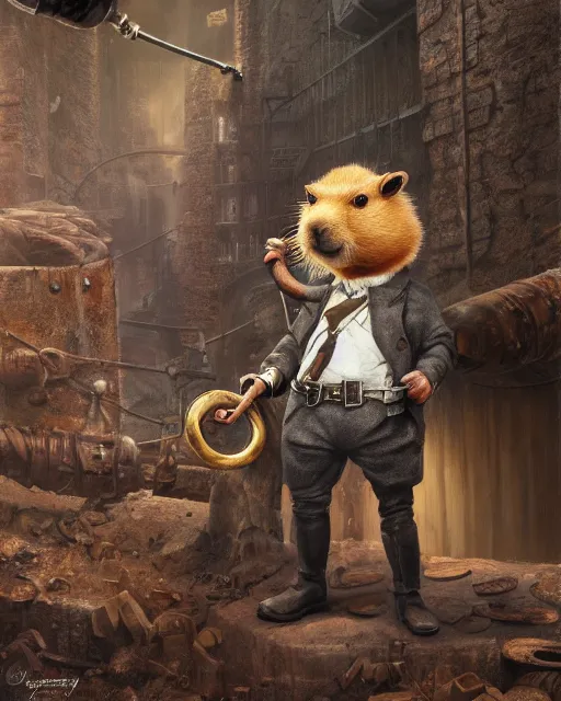 Image similar to oil painting of anthropomorphized capybara holding a pipe, steampunk clothes, close shot, full body, dark steampunk mine shaft background, sharp focus, fantasy style, octane render, volumetric lighting, 8k high definition, by greg rutkowski, highly detailed, trending on art Station, dungeons and dragons artwork, centered