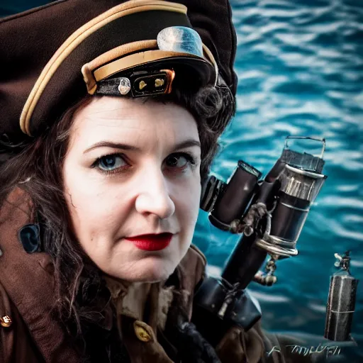 Prompt: simona sbaffi as a dieselpunk submarine captain, portrait, photography by anna fischer