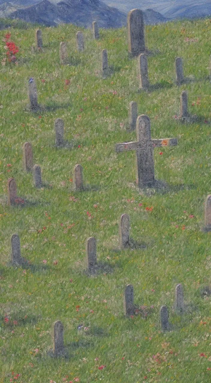 Prompt: highly detailed impressionist painting of sword marking grave on mountain top