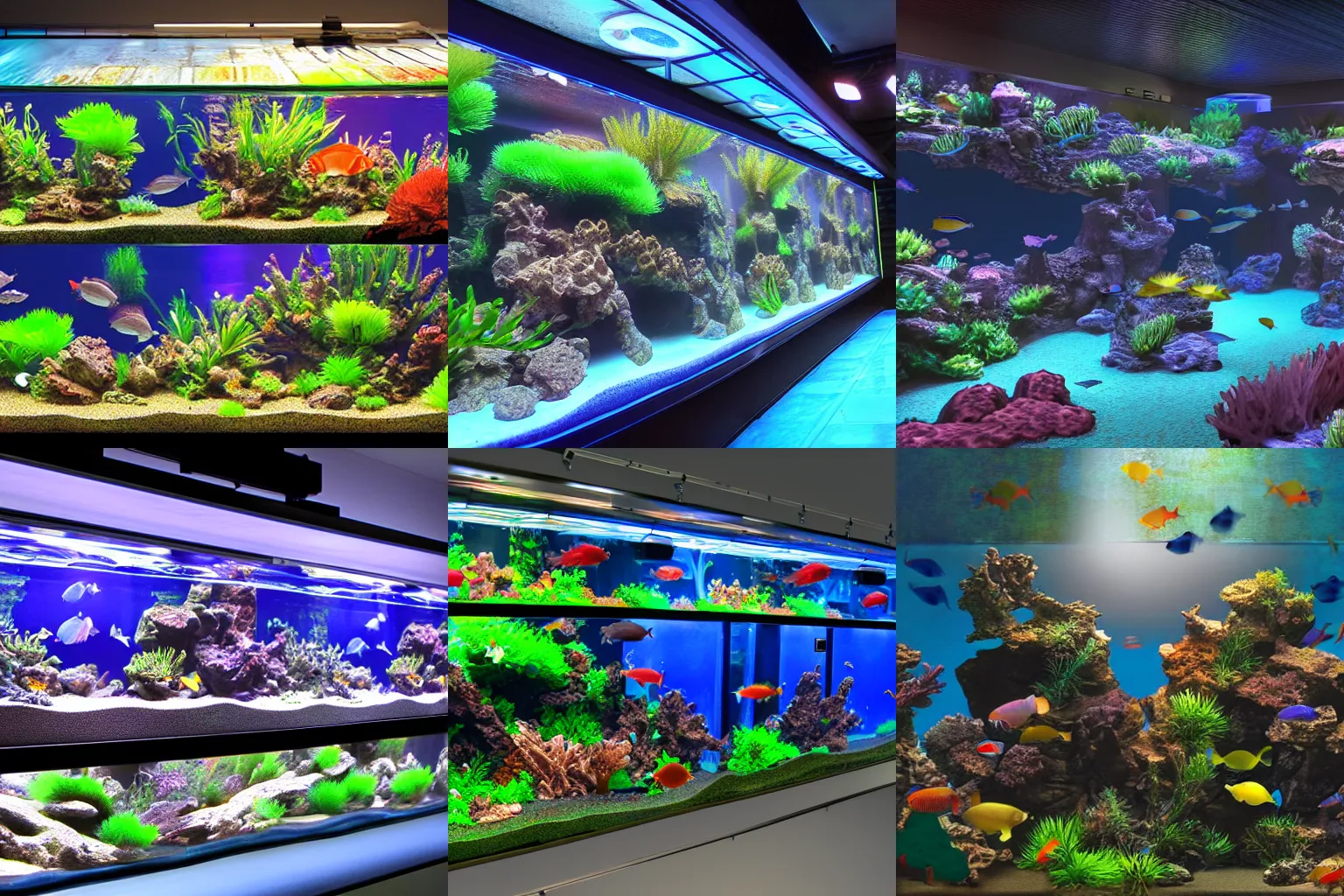 Prompt: Aquarium with large fish tanks, digital art, dynamic lighting, 4K