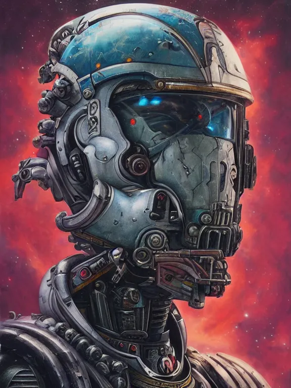 Image similar to art portrait of a space marine ,8k,by tristan eaton,Stanley Artgermm,Tom Bagshaw,Greg Rutkowski,Carne Griffiths, Ayami Kojima, Beksinski, Giger,trending on DeviantArt,face enhance,hyper detailed,minimalist,cybernetic, android, blade runner,full of colour,