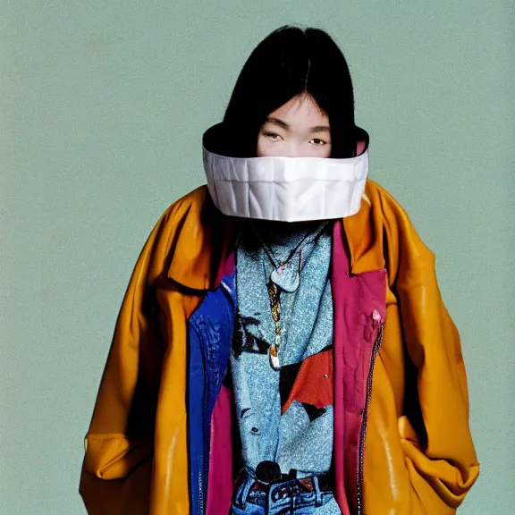 Image similar to model in plastic bird mask wearing baggy colorful 9 0 s jacket by rick owens. magazine ad. pastel brutalist background.