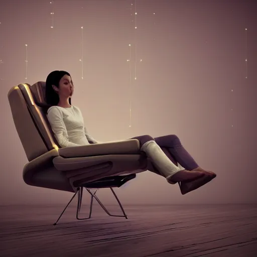 Image similar to recliner chair floating in space, acupuncture treatment, rendered in octane, 8 k, photorealistic person receiving acupuncture, galactic background, dreamy, dramatic lighting, universe scale