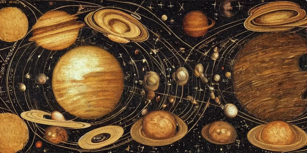 Image similar to the creation of the universe, planets and stars, in the style of leonardo da vinci